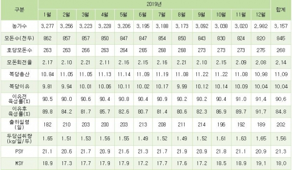 한돈팜스 사용 농가의 월별 생산 성적(2019년 1월~2019년 12월)